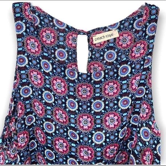 Peach Royal Blue Tank Top w Floral Bright Print Size Small - Picture 3 of 4